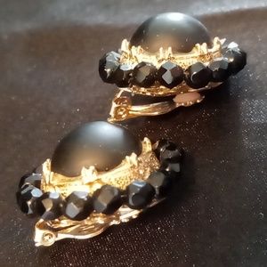 Vintage clip on earrings. Gold tone & black. Dots wrapped in a gold band,Crystal